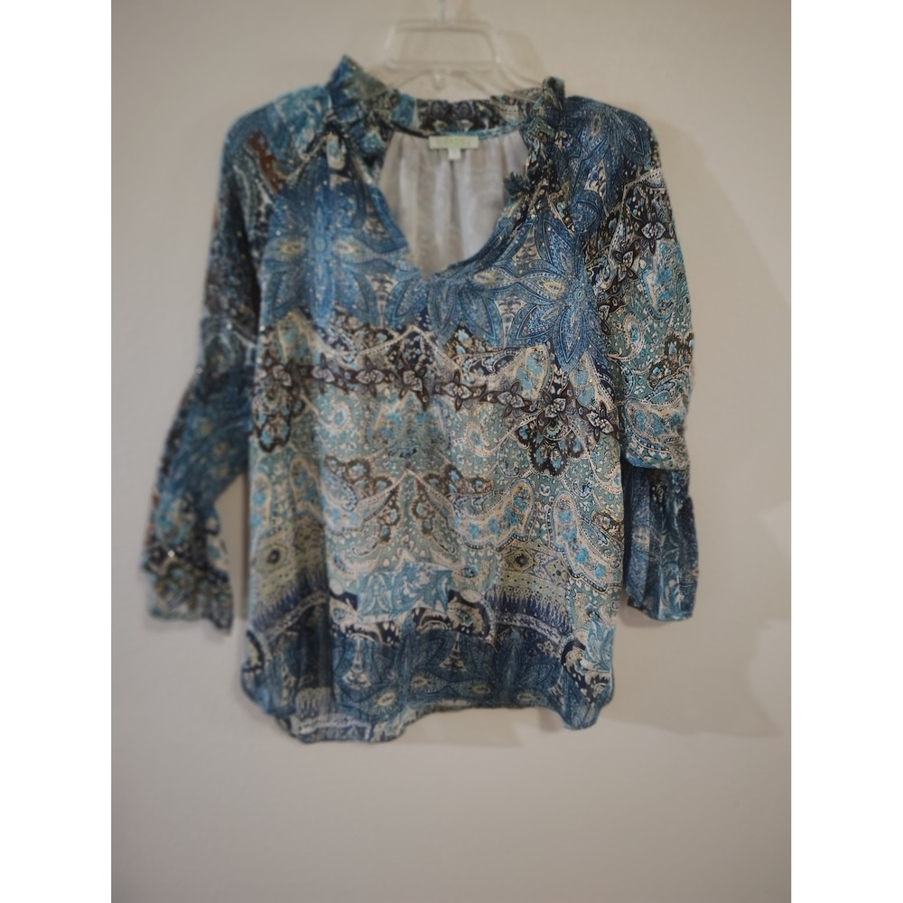 Jade Melody Tam Blue Paisley‎ Metallic Shimmer Ruffle Sleeve Blouse Small